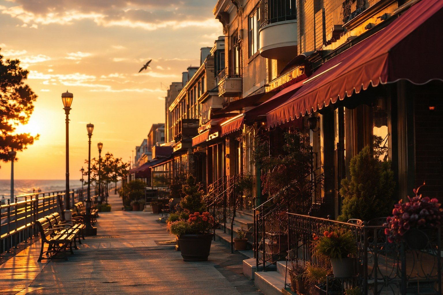 The Brighton Beach boardwalk in Brooklyn at sunset, lined with awnings and storefronts.