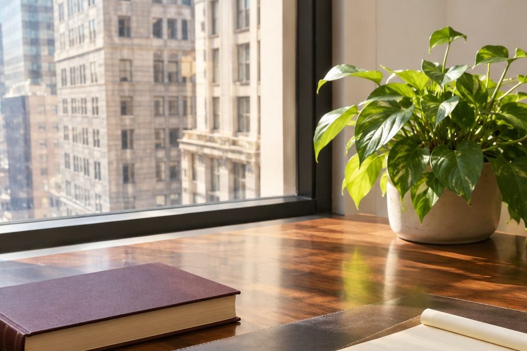 A walnut desk by a sunlit window: a burgundy book and a green plant, with Manhattan buildings outside.
