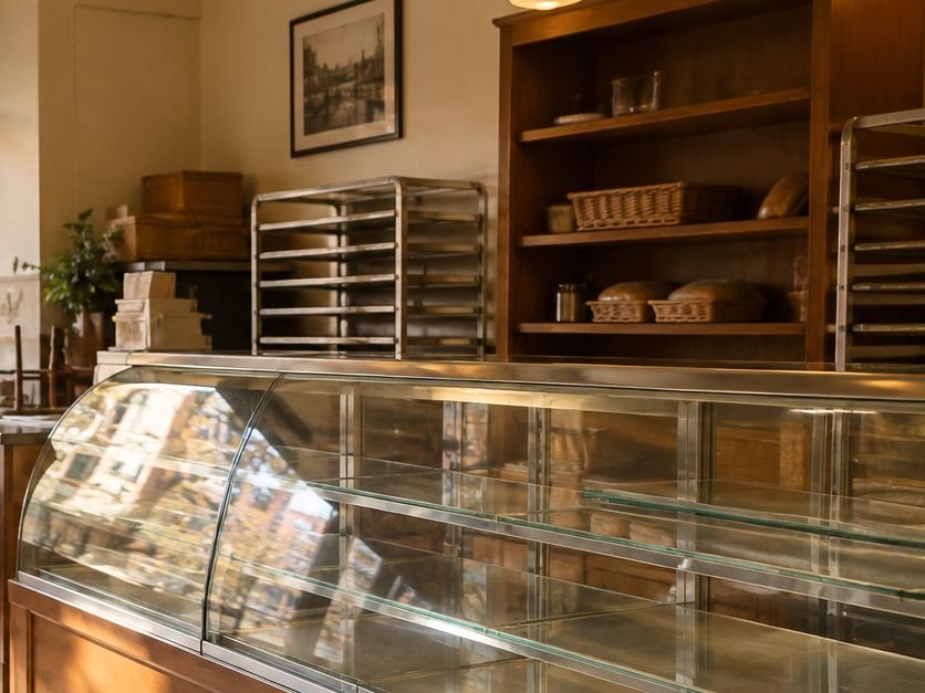 An empty neighborhood bakery after closing: bread baskets on the shelves behind a glass counter.