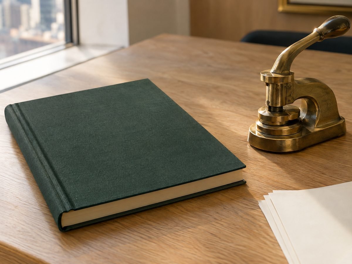 A company minute book and a brass corporate seal on an oak table.