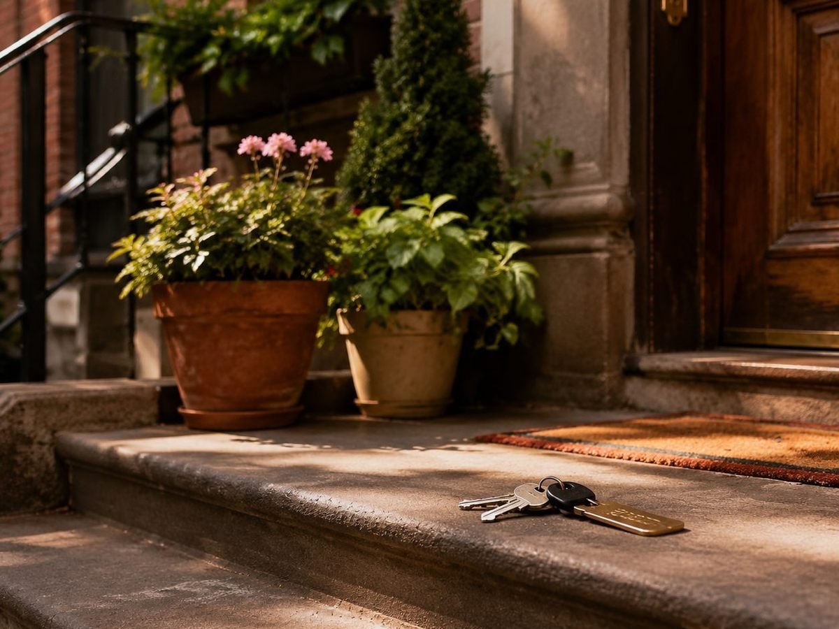 Keys left on the stone step of a brownstone stoop, beside potted plants.
