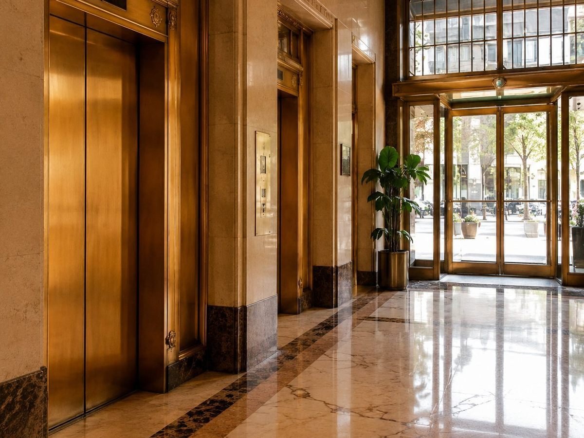 The marble lobby and brass elevator doors of a Manhattan office building.