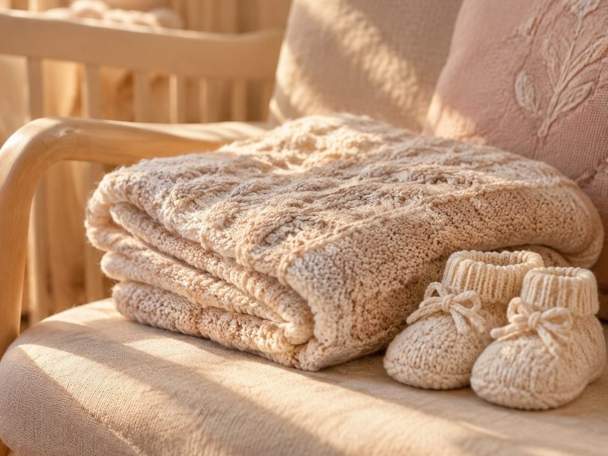Knitted baby booties and a folded blanket on a nursery chair.